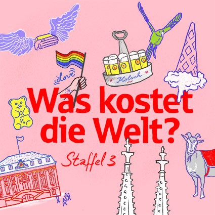 Comicmotive wie das Bonner Rathaus, Geißbock Hennes, der Kölner Dom und ein Kranz Kölsch mit einer Regenbogenfahne